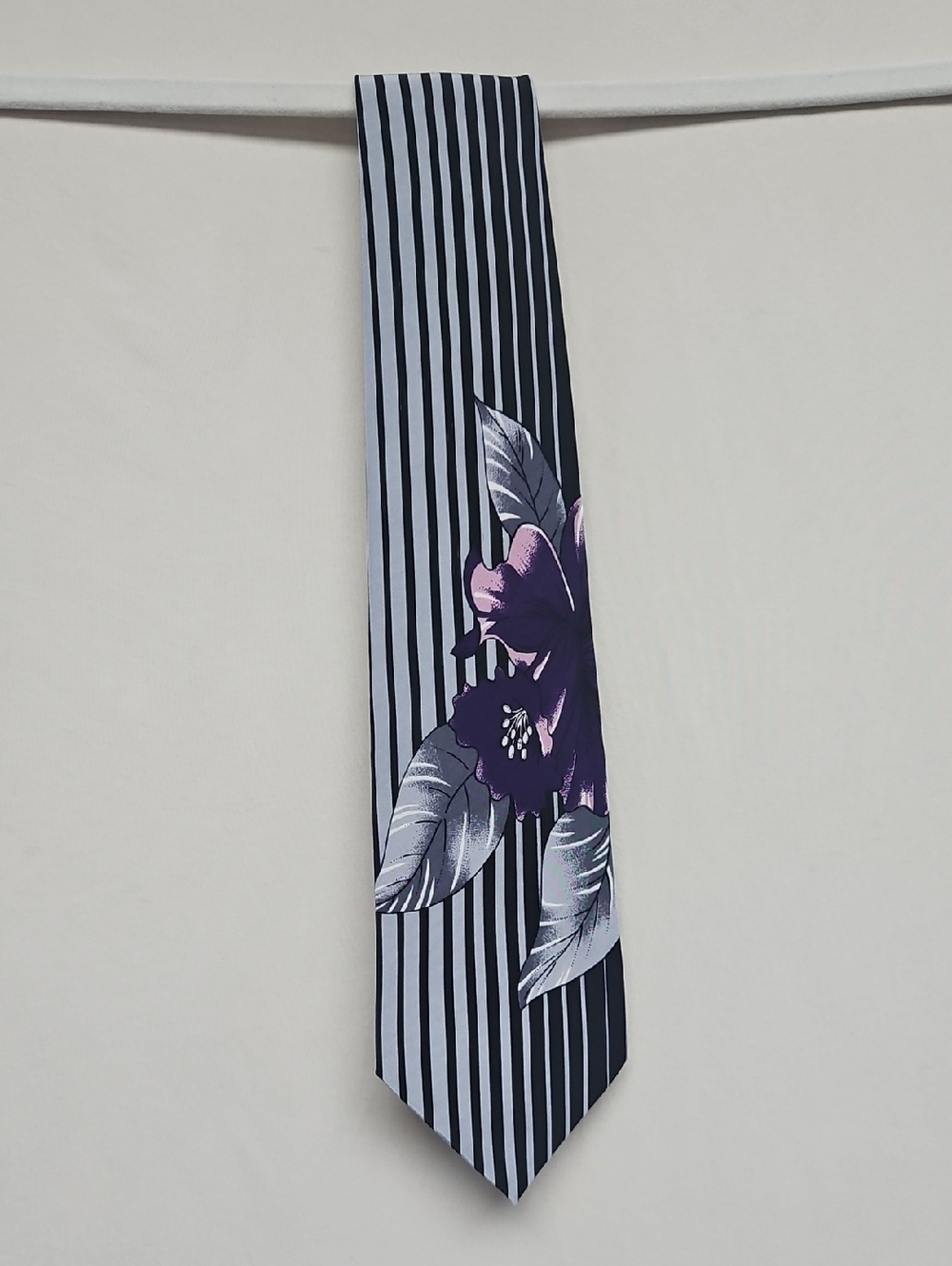Silk Black & White Striped Tie with Purple Floral Detail